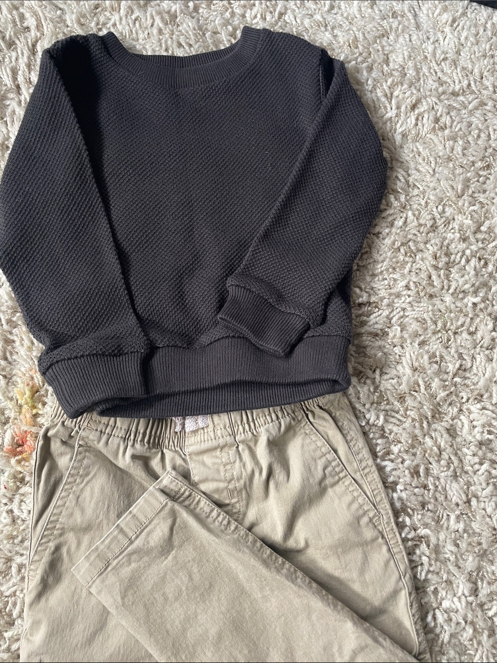 Kids Black Waffle Knit Sweatshirt with khaki pants